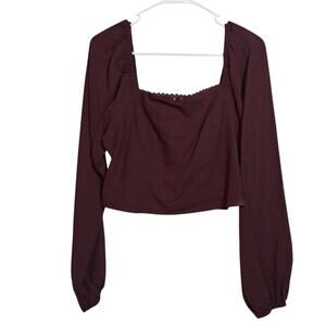 Le Lis  Maroon Square Neck Long Sleeve Crop Women's Top Smocked Back Size M